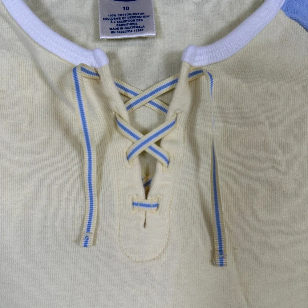 Old Navy Girls Yellow Blue Raglan Lace Up Ringer Tee Shirt Size 10 Cotton